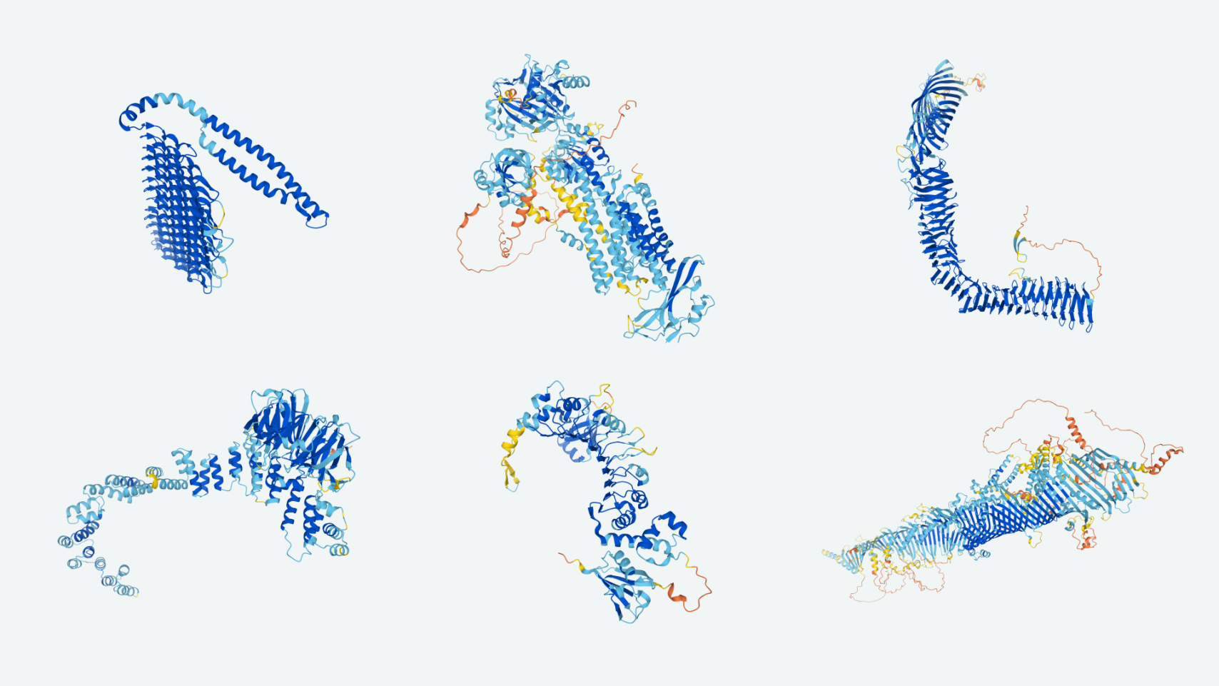 Protein structures predicted by DeepMind's AlphaFold AI. Image credit: DeepMind