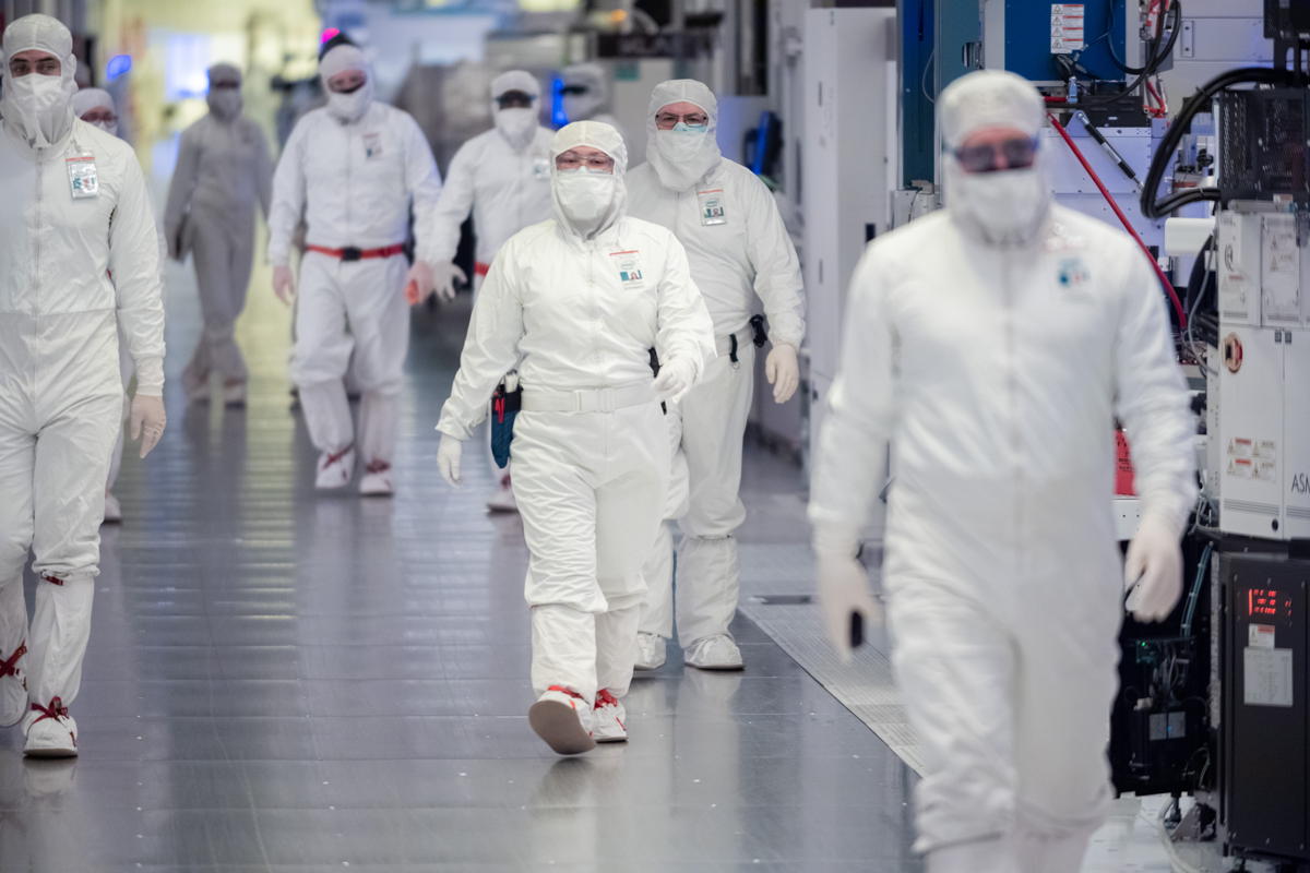 Workers in a semiconductor plant. Image credit: Intel