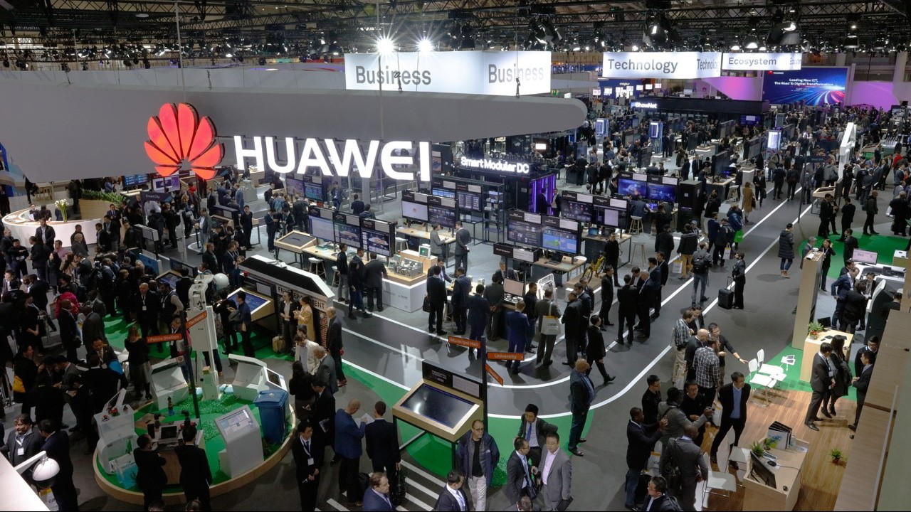 A Huawei sign at the CeBIT 2017 conference