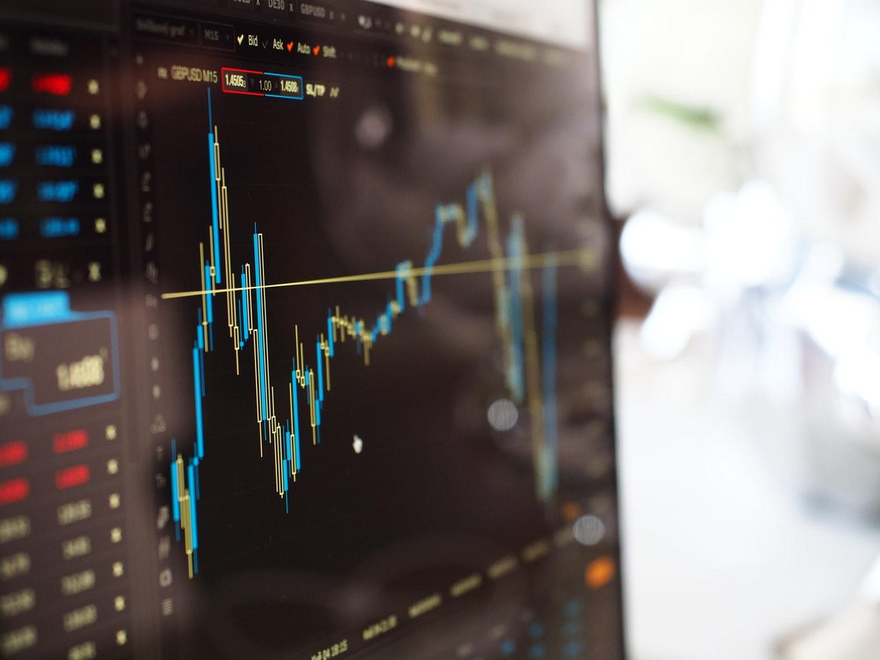 Market information displayed on a screen. Iot, data analytics